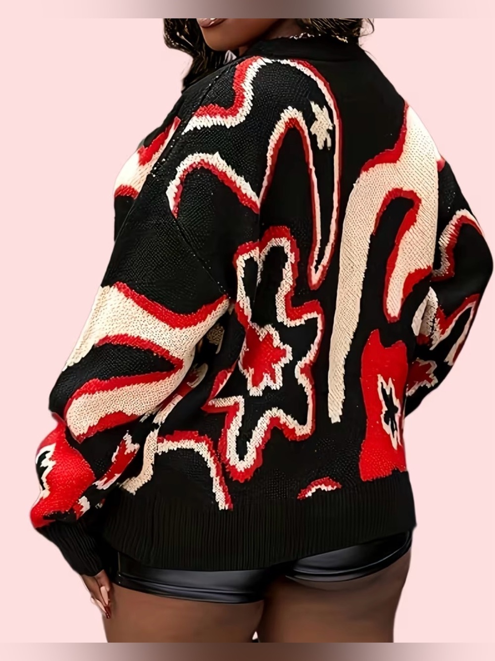 Women’s Button Up Stylish Black & Red Abstract Pattern Knit Sweater Size M